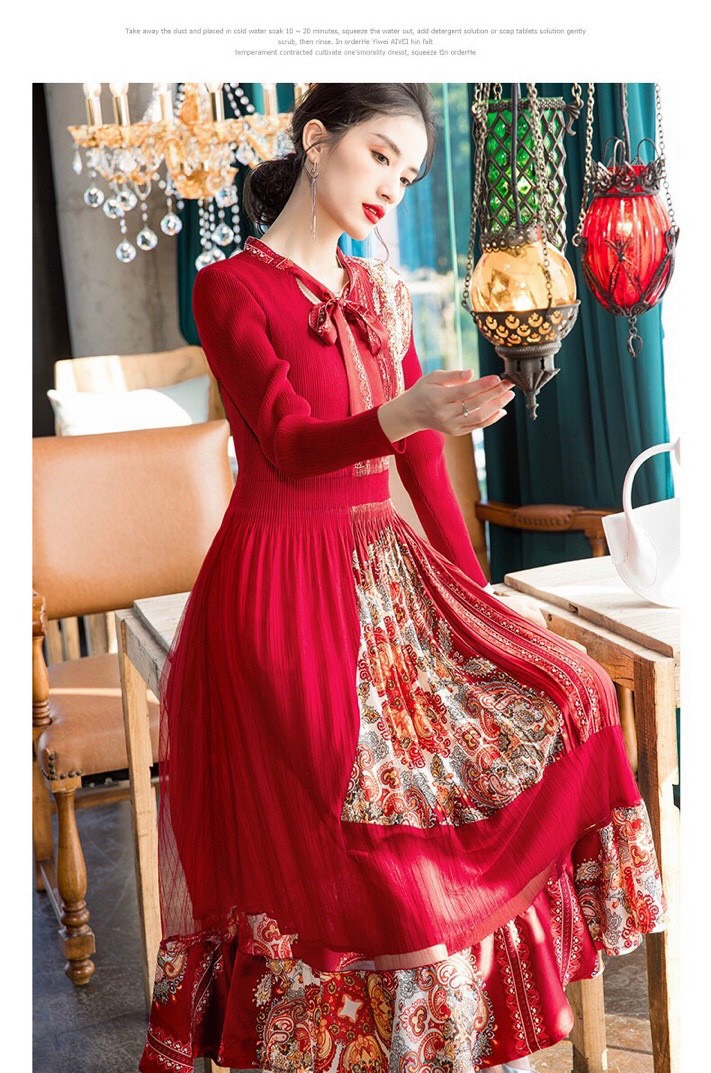 Đầm Dập Ly Họa Tiết Cổ Nơ - HN988